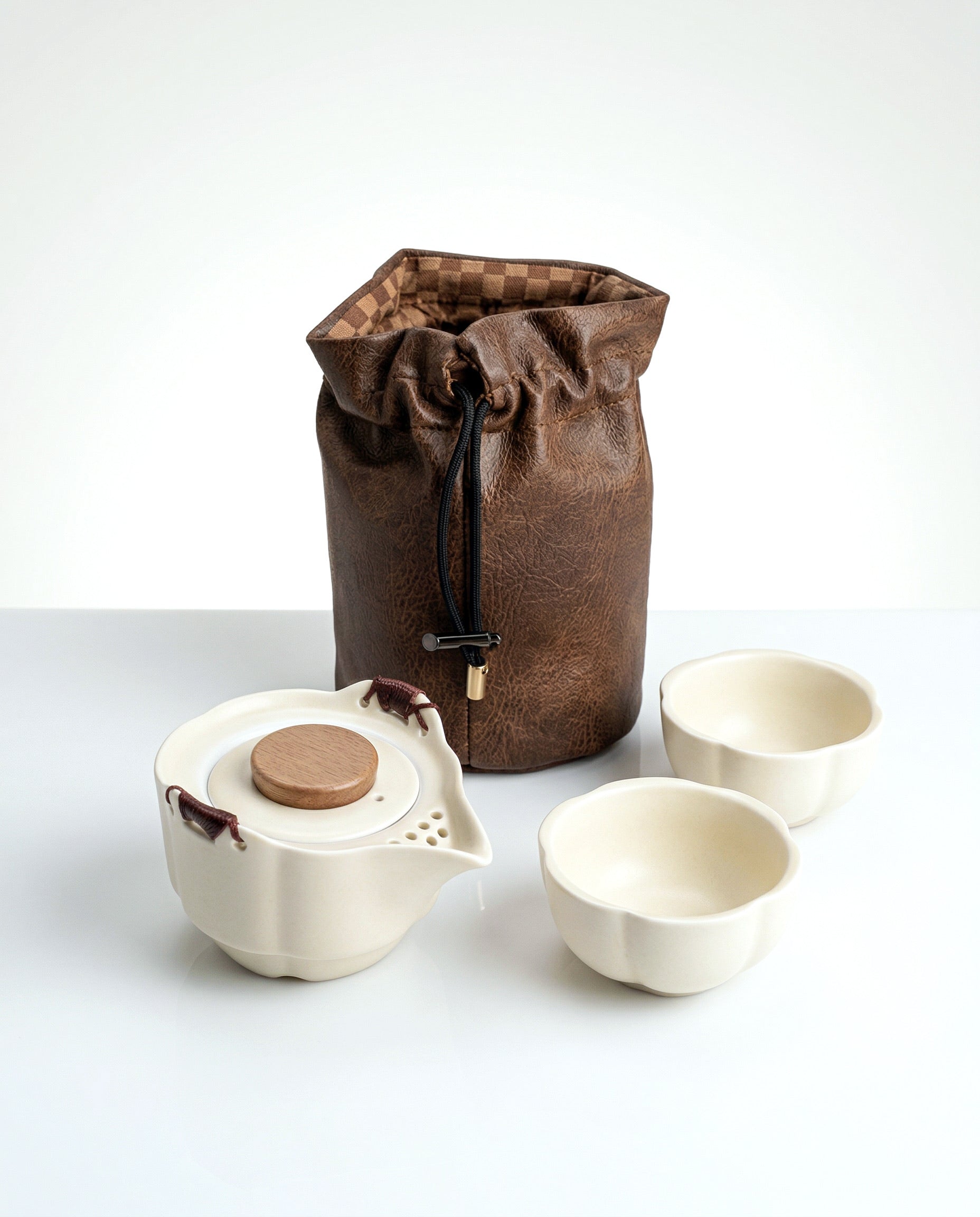 Cream Blossom Ceramic Quick-Brew Travel Set with a Synthetic Leather Pouch