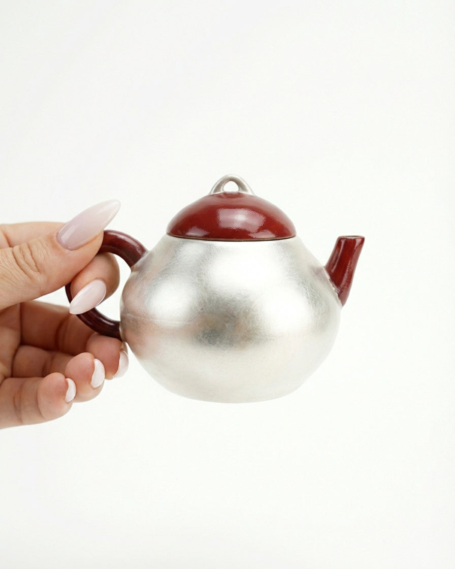 Silver-Clad Lacquered Set -  120 ml Red Xindan Teapot and 4 cups, 35 ml