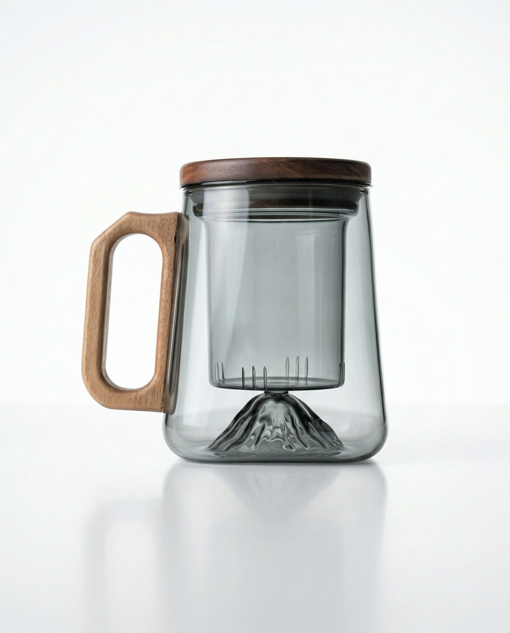 Glass Tea Infuser Mug with Mountain Base & Wooden Lid — 450 ml