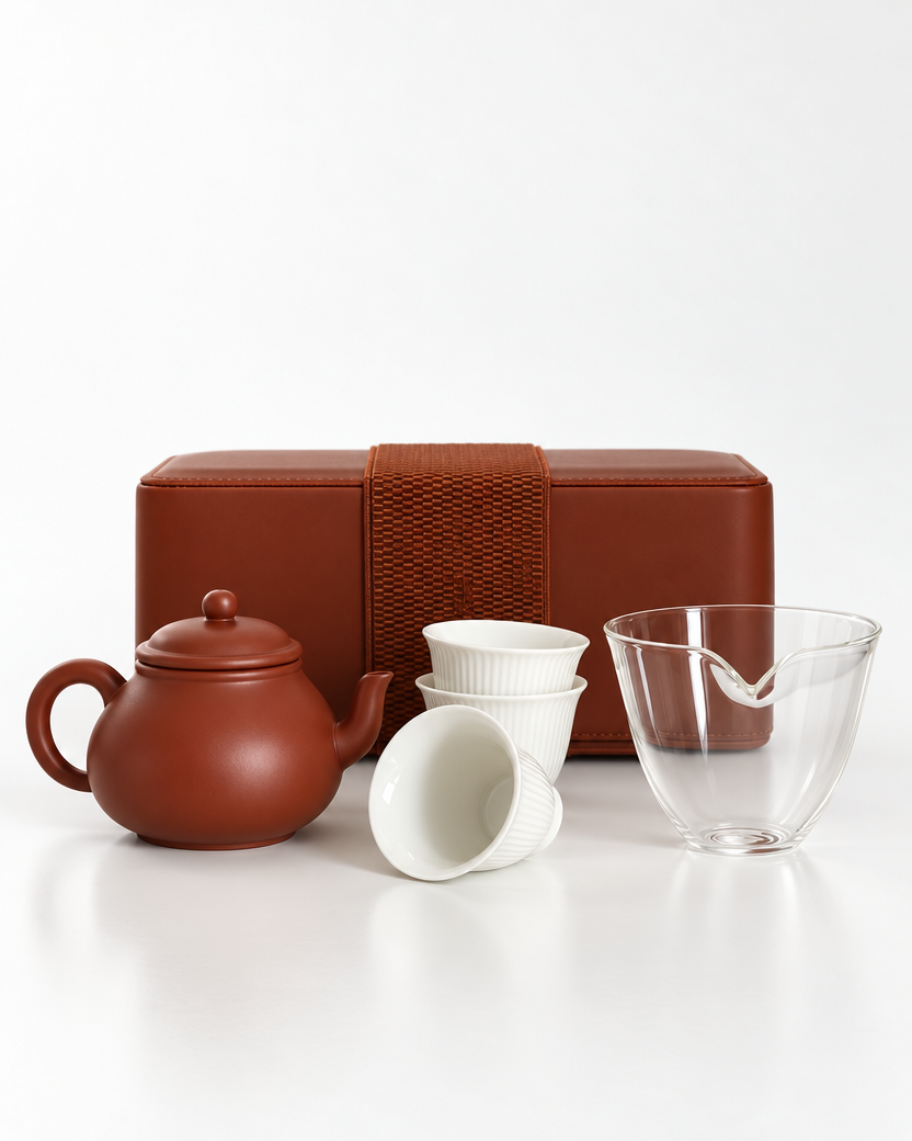 Travel Tea Set: 100ml Jianliu Yixing Tea Pot, 3 Tasting Cups, Glass Fairness Cup, Travel Case