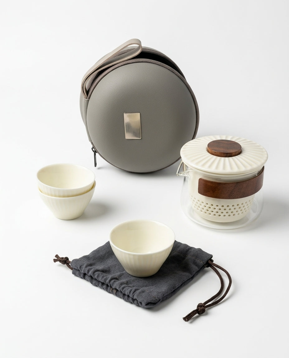 Tea-making set with bowls, a pot, and carrying case on a white background