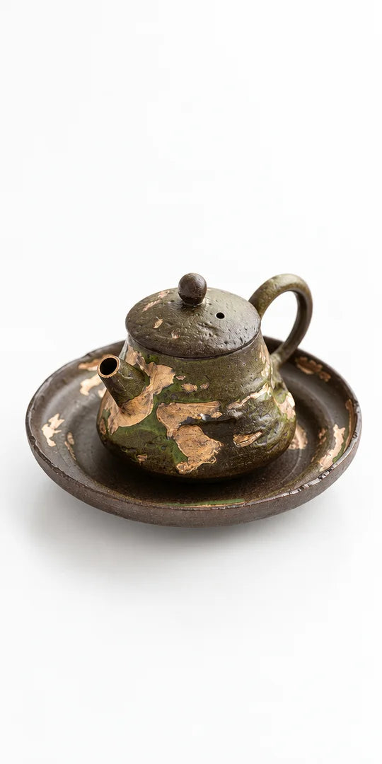 Qingwu Gilded Ceramic Gong Fu Teapot with Plate, 120 ml