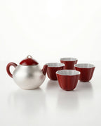 Silver-Clad Lacquered Set -  120 ml Red Xindan Teapot and 4 cups, 35 ml