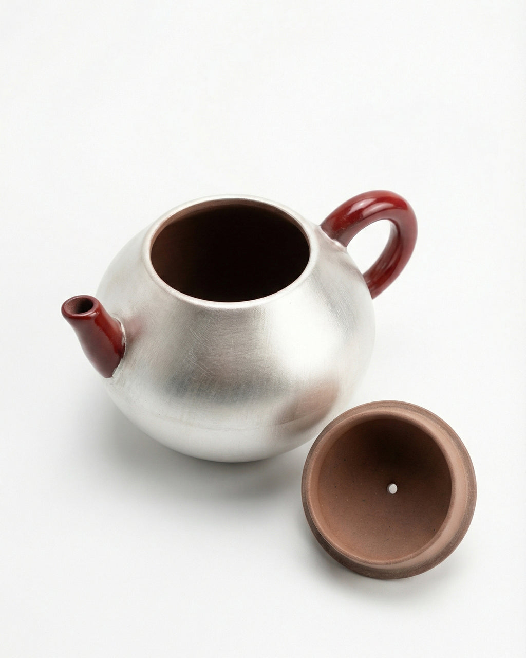 Silver-Clad Lacquered Set -  120 ml Red Xindan Teapot and 4 cups, 35 ml