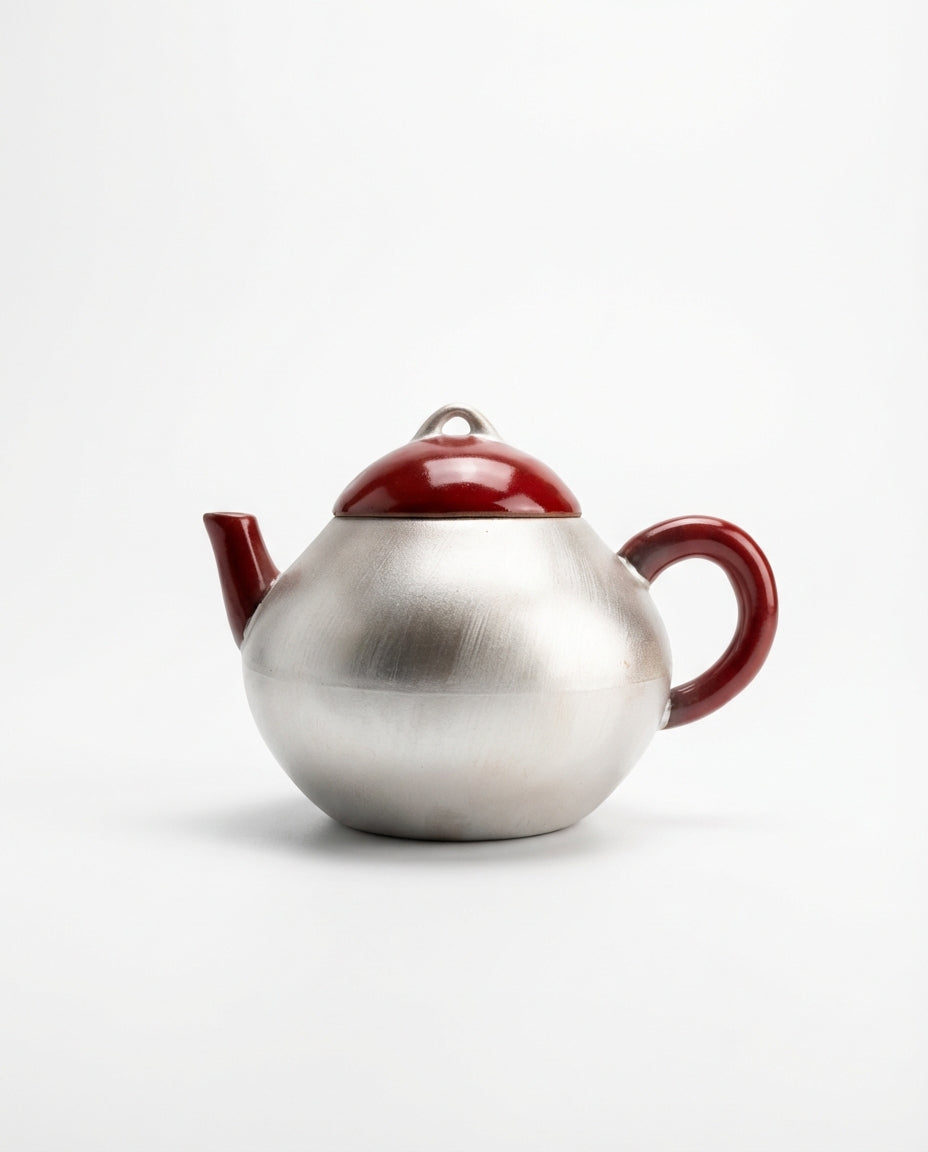 Silver-Clad Lacquered Set -  120 ml Red Xindan Teapot and 4 cups, 35 ml