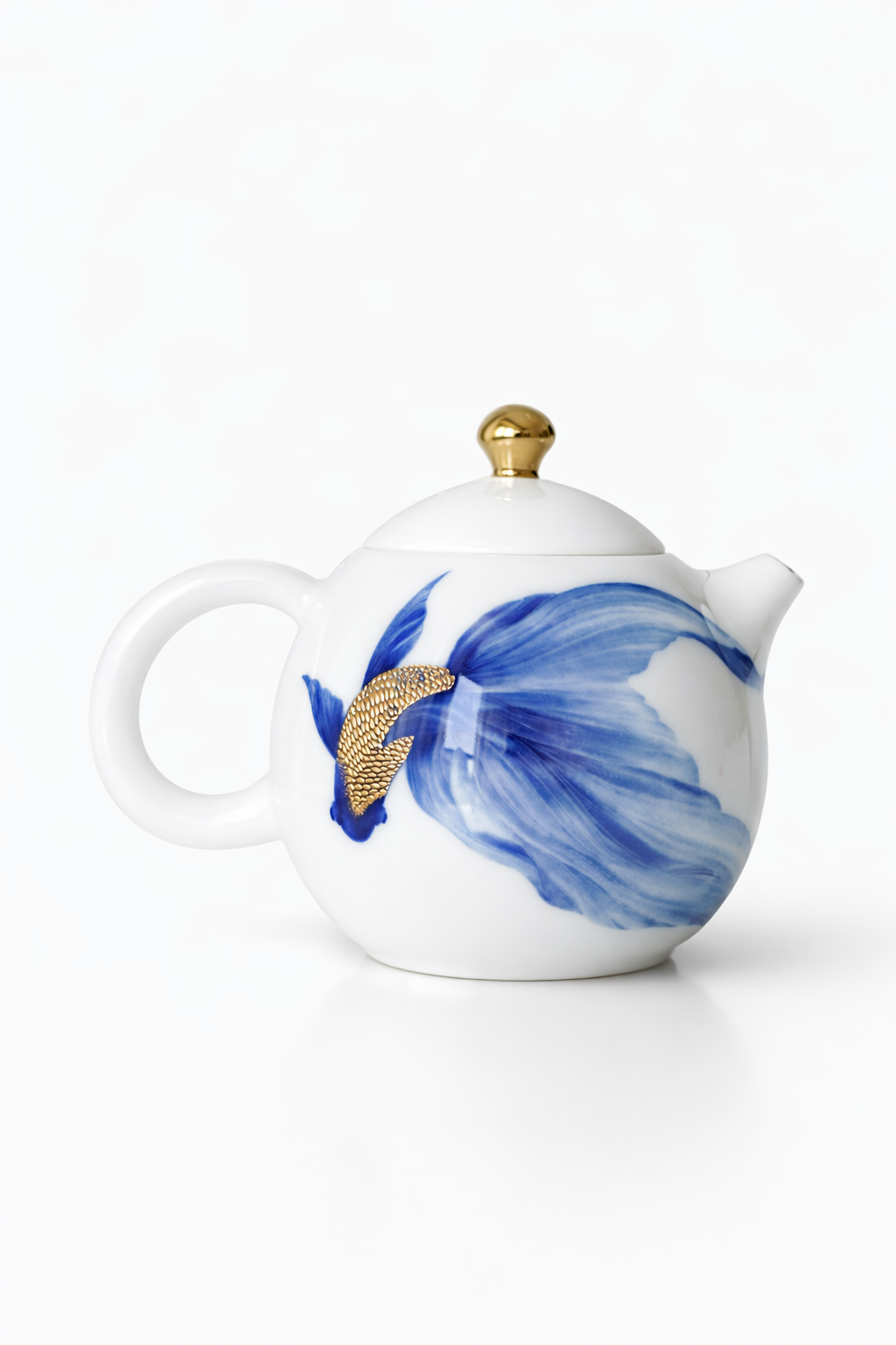 Blue and White Gilt Carp Porcelain Gongfu Tea Pot with Gold Detail, 230ml