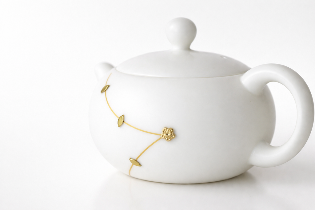 White Porcelain Gonfu Matte Teapot with Gold Floral Design, 180 ml