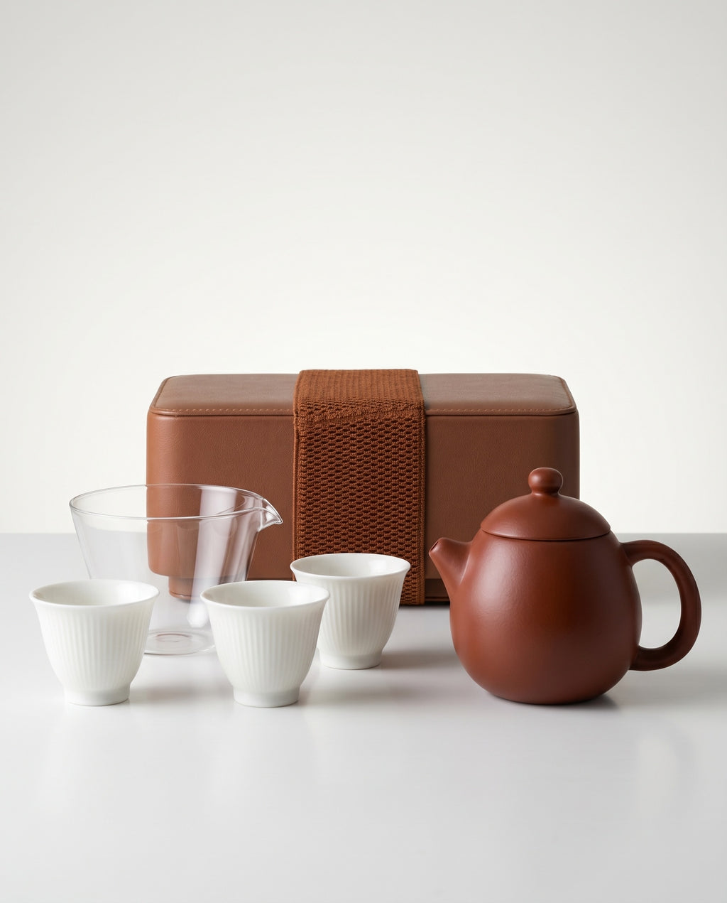 Travel Tea Set: 150ml Yixing Pot, 3 Tasting Cups, and Glass Fairness Cup with Travel Case