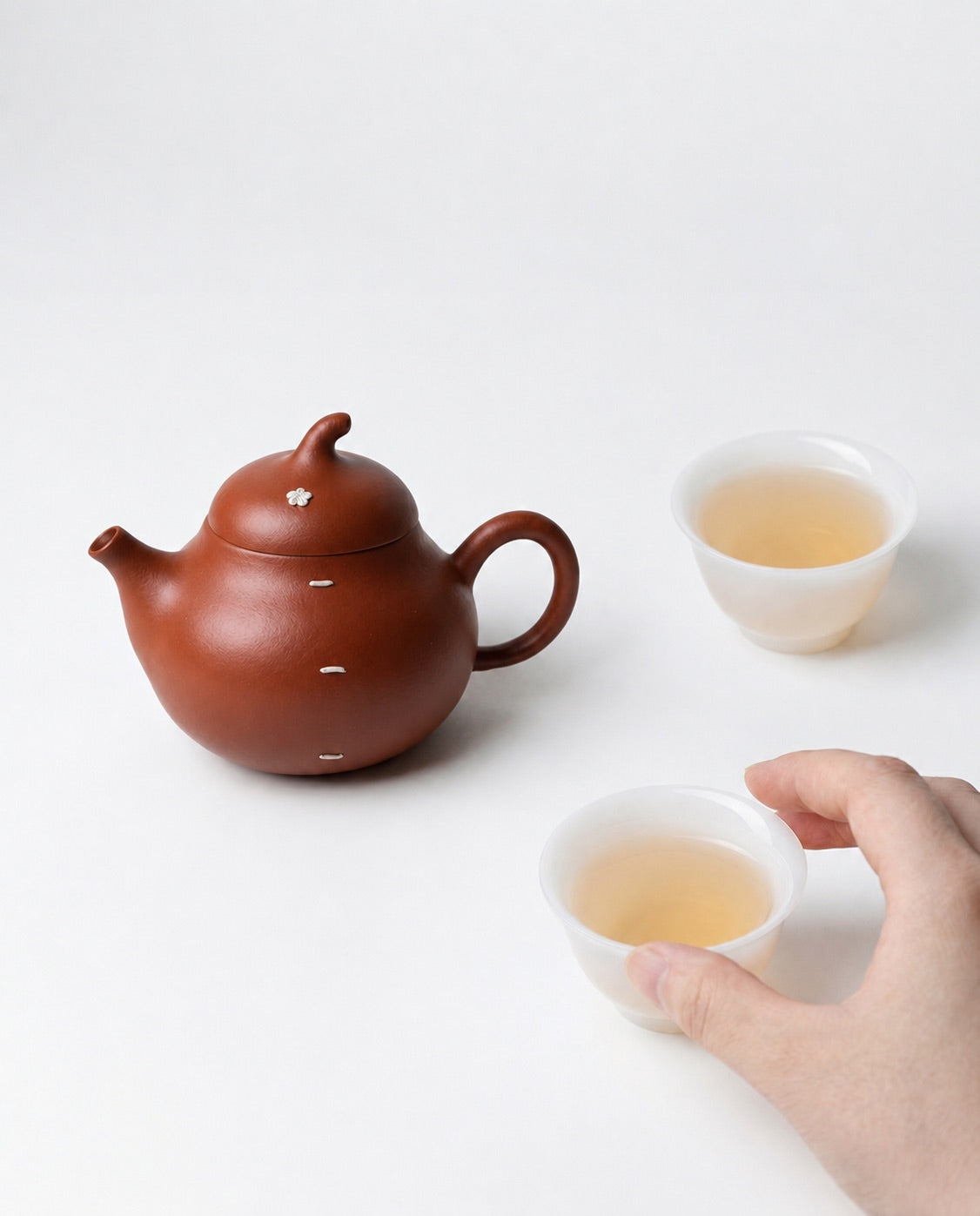 Yixing Clay Gongfu Tea Set (130 ml Pear Shared Teapot with Silver Inlay + Two 35 ml Cups)